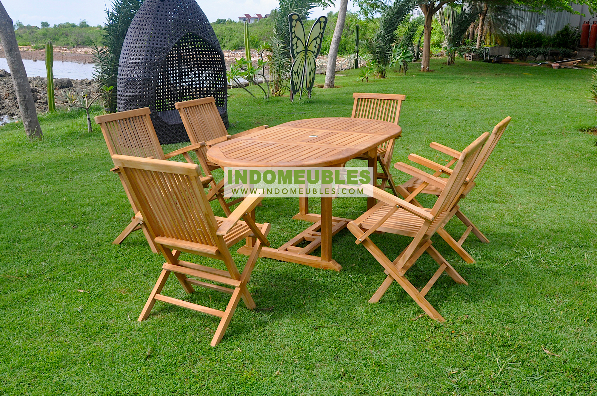 INDOMEUBLES.COM Teak Garden Furniture Set Oval Extending Table And Folding Chairs